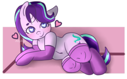 Size: 1024x640 | Tagged: safe, artist:anykoe, starlight glimmer, unicorn, semi-anthro, g4, arm hooves, clothes, colored pupils, cute, female, glimmerbetes, heart, heart eyes, human shoulders, looking at you, lying down, mare, socks, solo, thigh highs, wingding eyes