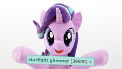 Size: 4096x2304 | Tagged: safe, artist:nekokevin, edit, starlight glimmer, pony, unicorn, derpibooru, series:nekokevin's glimmy, g4, cute, female, glimmerbetes, irl, looking at you, mare, meta, milestone, open mouth, photo, plushie, simple background, smiling, solo, tags, underhoof, white background