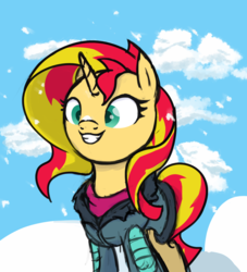 Size: 1491x1640 | Tagged: safe, artist:thehuskylord, sunset shimmer, pony, unicorn, g4, clothes, cute, female, jacket, mare, shading, shimmerbetes, simple background, smiling, snow, snowfall, solo