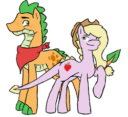 Size: 836x768 | Tagged: safe, artist:miesdo, oc, oc:apple fire, oc:appleheart, dracony, hybrid, applejack's hat, bandana, brother and sister, cowboy hat, duo, female, hat, interspecies offspring, male, neckerchief, offspring, parent:applejack, parent:spike, parents:applespike, siblings, simple background, stetson, white background