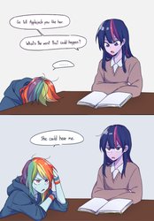 Size: 2500x3602 | Tagged: safe, artist:dcon, rainbow dash, twilight sparkle, equestria girls, g4, 2 panel comic, book, clothes, comic, duo, female, gray background, high res, hoodie, implied appledash, implied applejack, implied lesbian, implied shipping, shirt, simple background, speech bubble, sweater, twilight sparkle is not amused, unamused