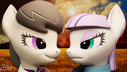 Size: 3840x2160 | Tagged: safe, artist:quicktimepony, maud pie, octavia melody, earth pony, pony, g4, 3d, blender, clothes, female, high res, lesbian, mane, outdoors, signature, smiling, unamused, wallpaper