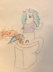 Size: 772x1034 | Tagged: safe, artist:snipiper, dj pon-3, vinyl scratch, pony, unicorn, g4, but why, fart, female, implied pooping, musical fart, sitting on toilet, solo, story included, toilet, traditional art