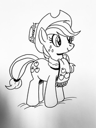 Size: 3024x4032 | Tagged: safe, artist:debmervin, applejack, earth pony, pony, g4, christmas, clothes, female, hat, hearth's warming, holiday, holly, ink drawing, monochrome, scarf, solo, traditional art