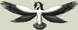 Size: 1024x399 | Tagged: safe, artist:bootsdotexe, oc, oc only, oc:aurora concordia, alicorn, pony, seraph, seraphicorn, alicorn oc, curved horn, female, four wings, high angle, horn, looking up, mare, multiple wings, spread wings, tail feathers, tan background, wings