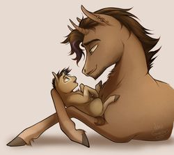 Size: 1024x910 | Tagged: safe, artist:bootsdotexe, oc, oc only, oc:lockhart, bicorn, pony, comic:beyond our borders, colt, duo, father and son, foal, horn, looking at each other, male, mutant, realistic horse legs, stallion, tan background