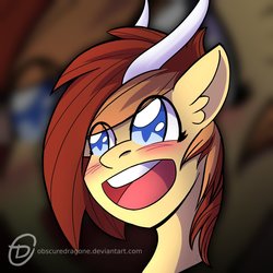 Size: 1024x1024 | Tagged: safe, artist:obscuredragone, oc, oc only, oc:silver veil, pony, unicorn, big eyes, blushing, brown hair, brown mane, commission, ear fluff, female, grin, happy, horns, mare, open mouth, smiling, solo, ych result