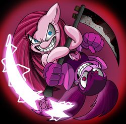 Size: 1280x1255 | Tagged: safe, artist:robocop17, pinkie pie, earth pony, gem (race), pony, g4, crossover, duo, duo female, female, gem, gem rejuvenator, mare, pink, pinkamena diane pie, scythe, spinel, spinel (steven universe), spoilers for another series, steven universe, steven universe: the movie, weapon