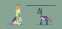 Size: 8847x4205 | Tagged: safe, artist:gd_inuk, pharynx, princess ember, thorax, changedling, changeling, g4, absurd resolution, blank eyes, blushing, changedling brothers, crush plush, dialogue, duo, embarrassed, empty eyes, green background, implied embrax, king thorax, lineless, no mouth, no pupils, palindrome get, pharynx is not amused, plushie, prince pharynx, simple background, sitting, stylized, surprised