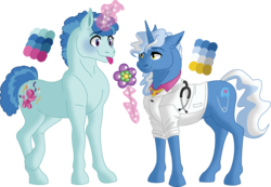 Size: 4489x3110 | Tagged: safe, artist:songbirddeige, party favor, pokey pierce, pony, unicorn, g4, balloon, blushing, crack shipping, gay, glowing horn, headcanon in the description, horn, magic, male, party balloon, reference sheet, ship:pokeyfavor, shipping, simple background, stallion, stethoscope, tongue out, transparent background