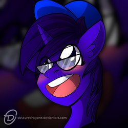 Size: 1024x1024 | Tagged: safe, artist:obscuredragone, oc, oc only, pony, unicorn, big eyes, blushing, cap, commission, ear fluff, glasses, grin, happy, hat, horn, male, open mouth, smiling, solo, stallion, ych result