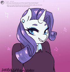 Size: 2500x2600 | Tagged: safe, artist:rainbowsprinklesart, rarity, anthro, g4, clothes, ear piercing, favorite pony, female, high res, piercing, smiling, solo, sweater, text