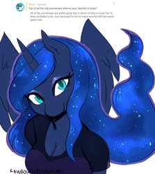 Size: 2500x2800 | Tagged: safe, artist:rainbowsprinklesart, princess luna, anthro, g4, breasts, bust, busty princess luna, cleavage, clothes, colored pupils, curiouscat, cute, female, high res, looking at you, lunabetes, shirt, solo, t-shirt, text