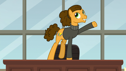 Size: 1920x1080 | Tagged: safe, screencap, cheese sandwich, earth pony, pony, g4, the last laugh, alternate hairstyle, clothes, male, raised hoof, solo, stallion, sweater, turtleneck