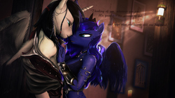 Size: 3690x2076 | Tagged: safe, artist:princeoracle, princess luna, oc, oc:prince oracle, alicorn, anthro, g4, 3d, alicorn oc, bracer, canon x oc, clothes, female, high res, horn, imminent sex, intimate, jacket, jewelry, lidded eyes, looking at each other, lunacle, male, shipping, straight, undressing