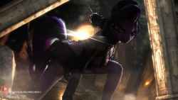 Size: 1920x1080 | Tagged: safe, artist:princeoracle, starlight glimmer, anthro, g4, 3d, angry, breasts, crouching, dramatic, enchantress, female, magic wand, revealing clothing, sideboob, solo