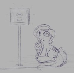 Size: 1101x1083 | Tagged: safe, artist:autumnvoyage, fluttershy, pegasus, pony, g4, bus stop, female, mare, monochrome, road, sign, sitting, sketch, solo