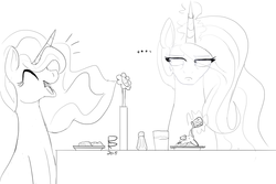 Size: 1500x1000 | Tagged: safe, artist:riggyrag, princess celestia, princess luna, alicorn, pony, g4, annoyed, black and white, dinner, eyes closed, female, flower, food, glass, grayscale, laughing, levitation, magic, magic aura, mare, monochrome, prank, request, royal sisters, salt, salt shaker, siblings, signature, simple background, sisters, smiling, table, telekinesis, white background
