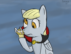 Size: 850x649 | Tagged: safe, artist:theslendid, derpy hooves, pegasus, pony, g4, clothes, collar, costume, fake teeth, fake vampire, female, food, mare, muffin, solo