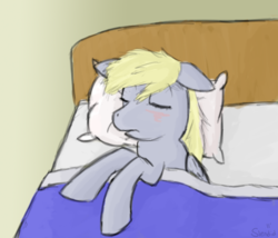 Size: 925x792 | Tagged: safe, artist:theslendid, derpy hooves, pegasus, pony, g4, bed, blanket, female, mare, pillow, sleeping, solo