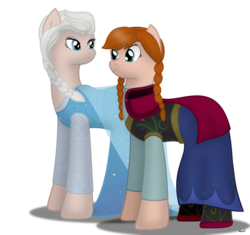 Size: 923x866 | Tagged: safe, artist:99999999000, earth pony, pony, anna, anna (frozen), blue dress, clothes, disney, disney princess, dress, elsa, frozen (movie), ponified, siblings, snow queen