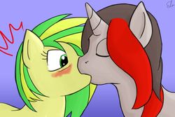 Size: 1024x683 | Tagged: safe, artist:theslendid, oc, oc only, oc:mic the microphone, oc:wooden toaster, pegasus, pony, unicorn, blushing, eyes closed, female, kissing, male, shipping, straight