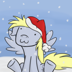 Size: 600x600 | Tagged: safe, artist:theslendid, derpy hooves, pegasus, pony, g4, :3, christmas, dot eyes, female, floppy ears, hat, holiday, mare, santa hat, sitting, snow, solo