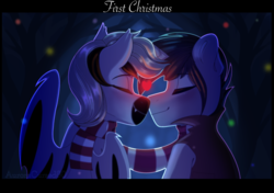 Size: 3125x2204 | Tagged: safe, artist:auroracursed, oc, bat pony, pony, unicorn, bat pony oc, christmas, clothes, couple, forest, heart, high res, holiday, male, night, scarf, shared clothing, shared scarf, stallion, ych result