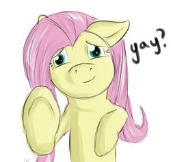 Size: 900x849 | Tagged: safe, artist:theslendid, fluttershy, pegasus, pony, g4, female, looking at you, mare, simple background, solo, underhoof, white background, yay