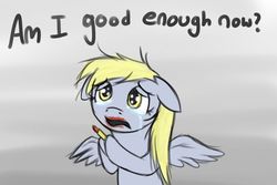 Size: 900x600 | Tagged: safe, artist:theslendid, derpy hooves, pegasus, pony, g4, bipedal, crying, derpygate, female, floppy ears, frown, gray background, hoof hold, lidded eyes, lipstick, looking up, mare, messy mane, open mouth, sad, simple background, solo, spread wings, text, wings