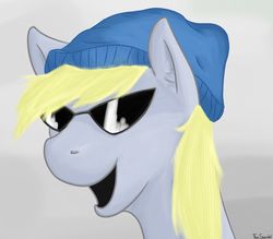 Size: 900x788 | Tagged: safe, artist:theslendid, derpy hooves, pegasus, pony, g4, beanie, bust, female, hat, mare, portrait, smiling, solo, sunglasses