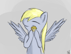 Size: 736x557 | Tagged: safe, artist:theslendid, derpy hooves, pegasus, pony, g4, eyes closed, female, food, hug, mare, muffin, solo, that pony sure does love muffins