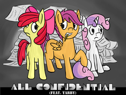 Size: 1024x768 | Tagged: safe, artist:theslendid, apple bloom, scootaloo, sweetie belle, earth pony, pegasus, pony, unicorn, g4, blank flank, cover art, cutie mark crusaders, mouth hold, paper, pencil, raised hoof, worried