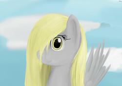 Size: 900x631 | Tagged: safe, artist:theslendid, derpy hooves, pegasus, pony, g4, bust, cloud, female, hair over one eye, mare, portrait, solo