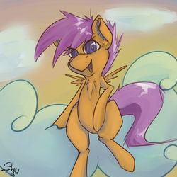 Size: 500x500 | Tagged: safe, artist:theslendid, scootaloo, pegasus, pony, g4, cloud, female, mare, no pupils, on a cloud, solo
