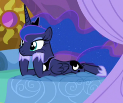Size: 377x315 | Tagged: safe, screencap, princess luna, alicorn, pony, between dark and dawn, g4, bed, cropped, cute, female, lunabetes, mare, solo, squishy cheeks
