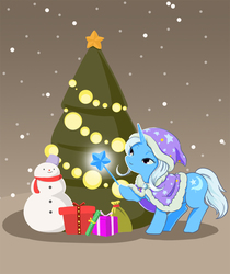 Size: 838x1000 | Tagged: source needed, safe, artist:abspony, trixie, pony, unicorn, g4, christmas, christmas tree, clothes, cute, female, holiday, mare, snowman, solo, tree, wand