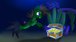 Size: 1280x720 | Tagged: safe, artist:jbond, oc, oc only, oc:delta hooves, seapony (g4), commission, male, seaponified, seapony oc, solo, species swap, stallion, text, treasure, treasure chest, underwater, water, ych result