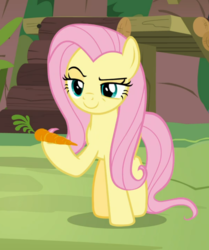 Size: 775x929 | Tagged: safe, screencap, angel bunny, fluttershy, pegasus, pony, g4, she talks to angel, body swap, carrot, cropped, evil grin, female, food, grin, lidded eyes, mare, raised eyebrow, raised hoof, smiling, smirk, solo