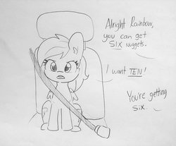 Size: 1741x1440 | Tagged: safe, artist:tjpones, rainbow dash, pegasus, pony, g4, dialogue, female, food, mare, monochrome, offscreen character, seatbelt, simple background, sitting, solo, traditional art