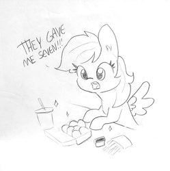 Size: 1437x1440 | Tagged: safe, artist:tjpones, rainbow dash, pegasus, pony, g4, chicken meat, chicken nugget, cute, dashabetes, dialogue, drink, everything went better than expected, female, food, french fries, ketchup, mare, meat, monochrome, sauce, simple background, solo, traditional art