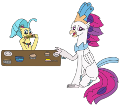 Size: 2840x2448 | Tagged: safe, artist:supahdonarudo, princess skystar, queen novo, classical hippogriff, hippogriff, series:novoember, g4, my little pony: the movie, bowl, butter, corn, female, food, high res, like mother like daughter, like parent like child, mother and daughter, nom, pie, plate, simple background, sitting, table, transparent background
