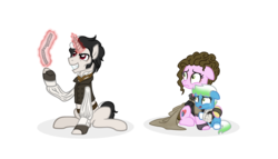 Size: 1881x1077 | Tagged: safe, artist:angelea-phoenix, oc, oc:momma, oc:nawni, pony, unicorn, clothes, crying, female, filly, magic, male, mare, ponified, scrunchy face, simple background, stallion, sweeney todd, transparent background