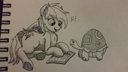 Size: 3264x1836 | Tagged: safe, artist:riggyrag, rainbow dash, tank, pegasus, pony, g4, anatomically incorrect, book, cute, female, human shoulders, lying down, mare, monochrome, traditional art