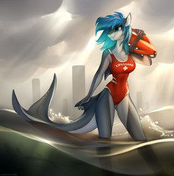 Size: 1600x1613 | Tagged: safe, artist:tomatocoup, oc, oc only, oc:erika, monster pony, original species, shark, shark pony, anthro, plantigrade anthro, barely pony related, beach, clothes, cloud, ear piercing, female, lifeguard, mare, ocean, one-piece swimsuit, pale belly, piercing, smiling, solo, swimsuit, tail piercing, weapons-grade sexy