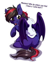 Size: 3000x4000 | Tagged: safe, artist:lupiarts, oc, oc only, oc:noctis jr, bat pony, pony, bat pony oc, butt, clothes, colt, dialogue, looking back, male, open mouth, plot, signature, simple background, sitting, solo, transparent background, underhoof