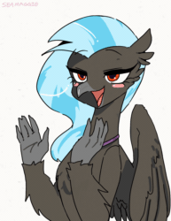 Size: 928x1200 | Tagged: safe, artist:seamaggie, edit, editor:damiranc1, king sombra, silverstream, hippogriff, g4, animated, blinking, clapping, cute, diastreamies, edited artwork, edited gif, frame by frame, gif, jewelry, necklace, palette swap, possessed, possession, recolor, simple background, text, white background