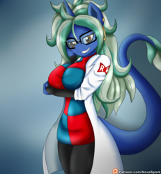 Size: 2400x2600 | Tagged: safe, artist:novaspark, oc, oc only, oc:nova spark, monster pony, original species, tatzlpony, anthro, alternate hairstyle, android 21, clothes, costume, dragon ball, dragon ball fighterz, ear piercing, earring, fangs, glasses, jewelry, lab coat, looking at you, piercing, smiling, solo
