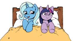 Size: 1033x583 | Tagged: safe, artist:joey darkmeat, edit, trixie, twilight sparkle, pony, unicorn, g4, bed, cropped, cute, doll, female, lesbian, mare, open mouth, plushie, ship:twixie, shipping, simple background, smiling, toy, transparent background, twidoll