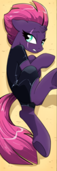 Size: 301x898 | Tagged: safe, artist:yukandasama, tempest shadow, pony, unicorn, g4, bare hooves, broken horn, clothes, commander cute, cute, eye scar, female, floppy ears, gritted teeth, horn, looking at you, looking sideways, mare, on side, one-piece swimsuit, partially undressed, scar, solo, swimsuit, underhoof